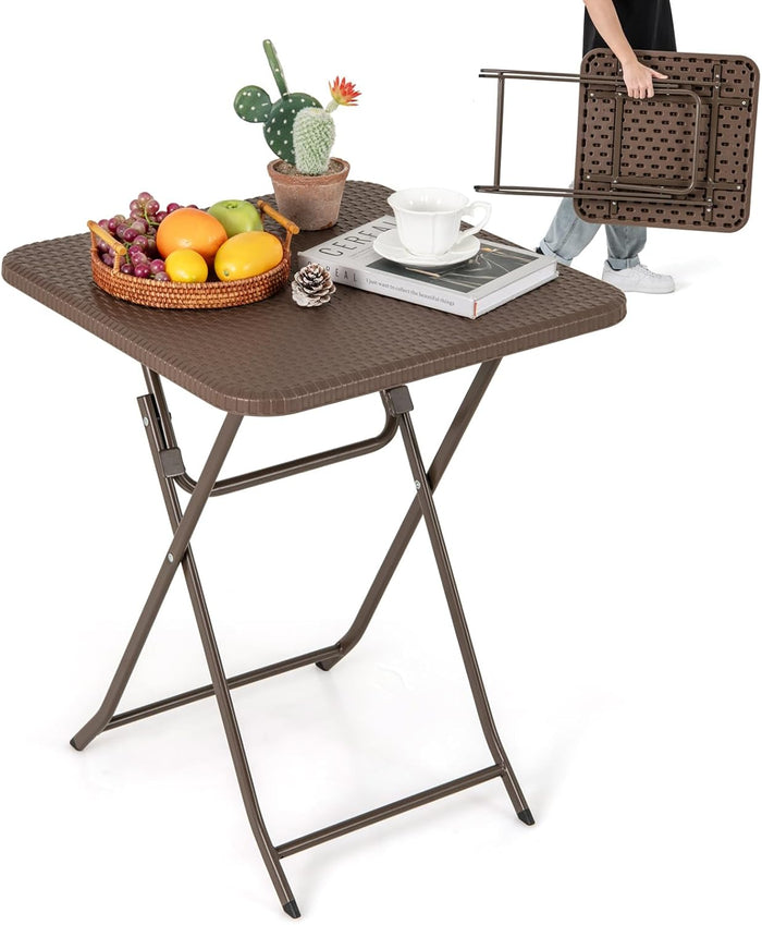 Tavolino Pieghevole Quadrato 60 cm, Tavolo da Pranzo per Interni ed Esterni con Piano in Rattan, Maniglia per Trasporto, Tavolo da Picnic per 4 Persone, Portata 50 kg