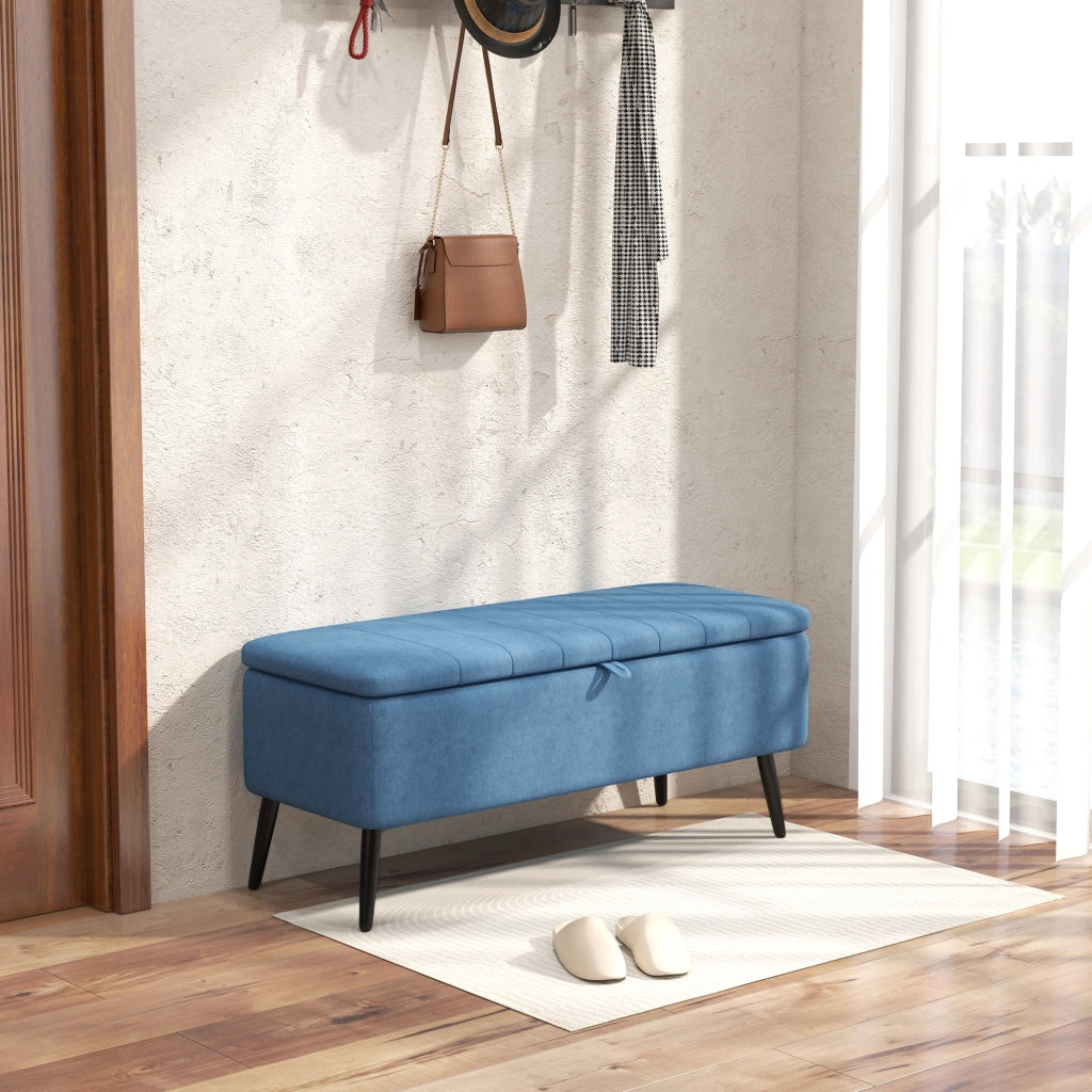 Panca Contenitore 102x40x44 cm Poggiapiedi Imbottito in Tessuto Effetto Lino Blu Scuro