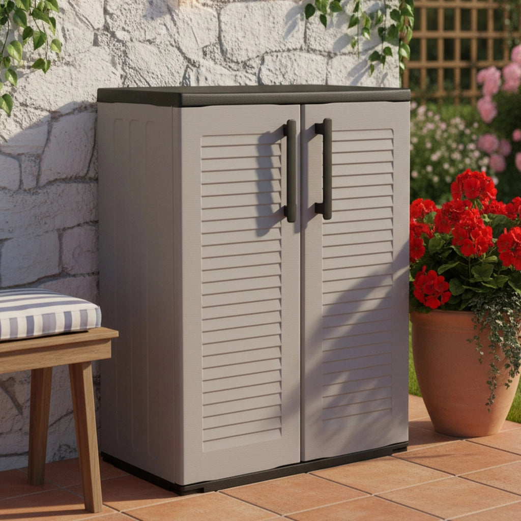 Mobiletto multiuso da esterno o Amordel, Armadio basso a 2 ante e 3 ripiani in polipropilene, 100% Made in Italy, cm 68x37h84, colore Grigio