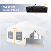 Gazebo da Giardino 3 x 6 m, Tendone per Feste con 6 Pannelli Laterali Rimovibili, con Borsa da Trasporto, Design Pop-up, per Matrimonio Eventi e Barbecue (Bianco)