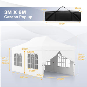 Gazebo da Giardino 3 x 6 m, Tendone per Feste con 6 Pannelli Laterali Rimovibili, con Borsa da Trasporto, Design Pop-up, per Matrimonio Eventi e Barbecue (Bianco)