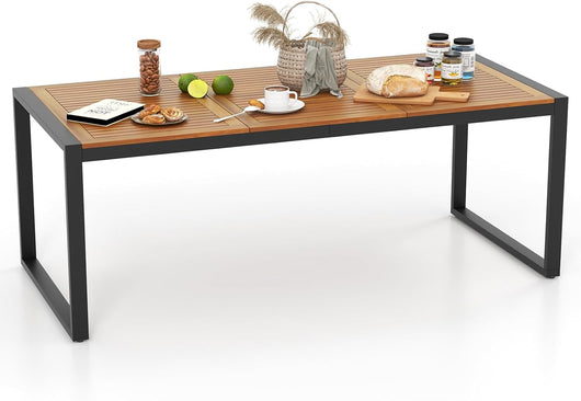 Tavolo da Pranzo a 8 Posti, Tavolo da Giardino 200 cm in Legno di Acacia, con Foro per Ombrellone da 5 cm, Gambe in Metallo, per Giardino, Cortile, Portata 75 kg (Modello 6)