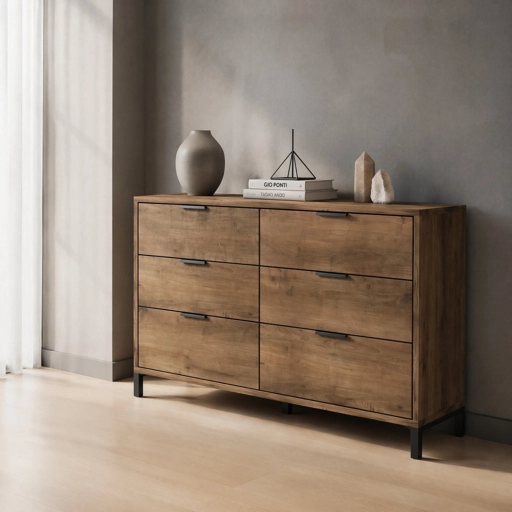 Cassettiera con 6 cassetti 120 x 40 x 76 cm, effetto rovere scuro, struttura in truciolare e metallo