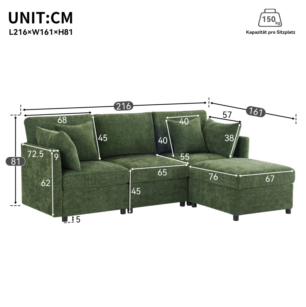 Sofa modulare angolare 216x161x81 cm in chenille verde; con pouf mobile e 4 cuscini