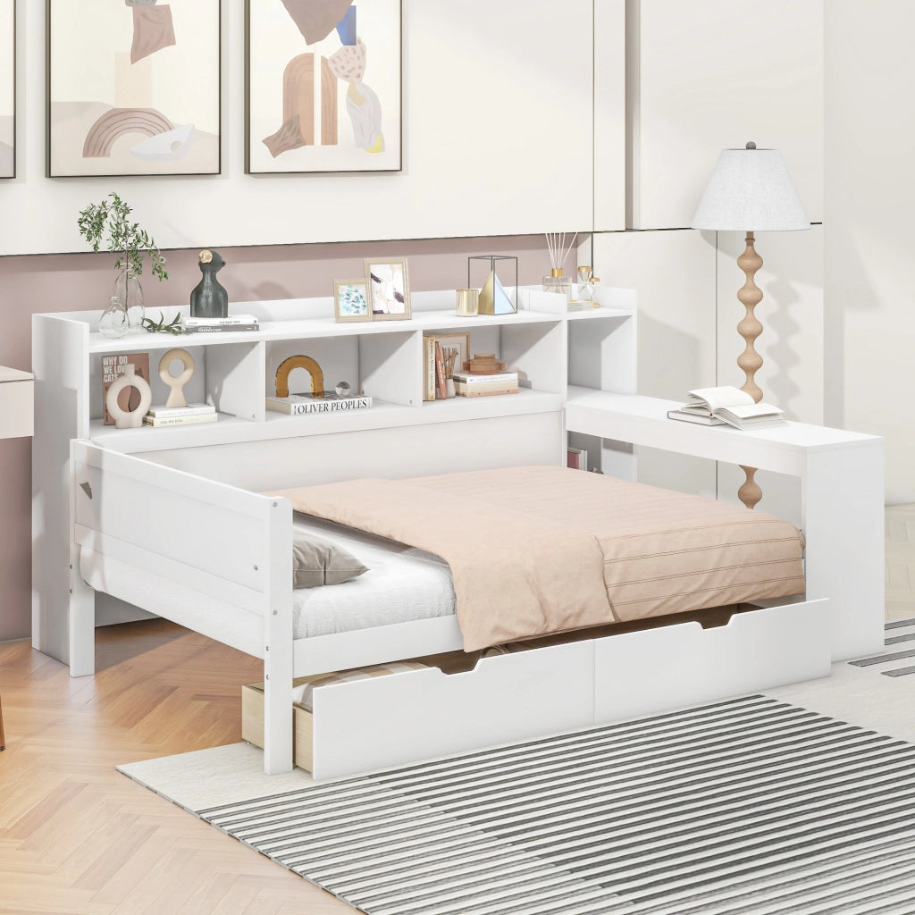 OKWISH Letto a Divano 90×200 cm, Letto Singolo con Presa, USB, 2 Cassetti, Scrivania e Mensole, senza Materasso, Bianco