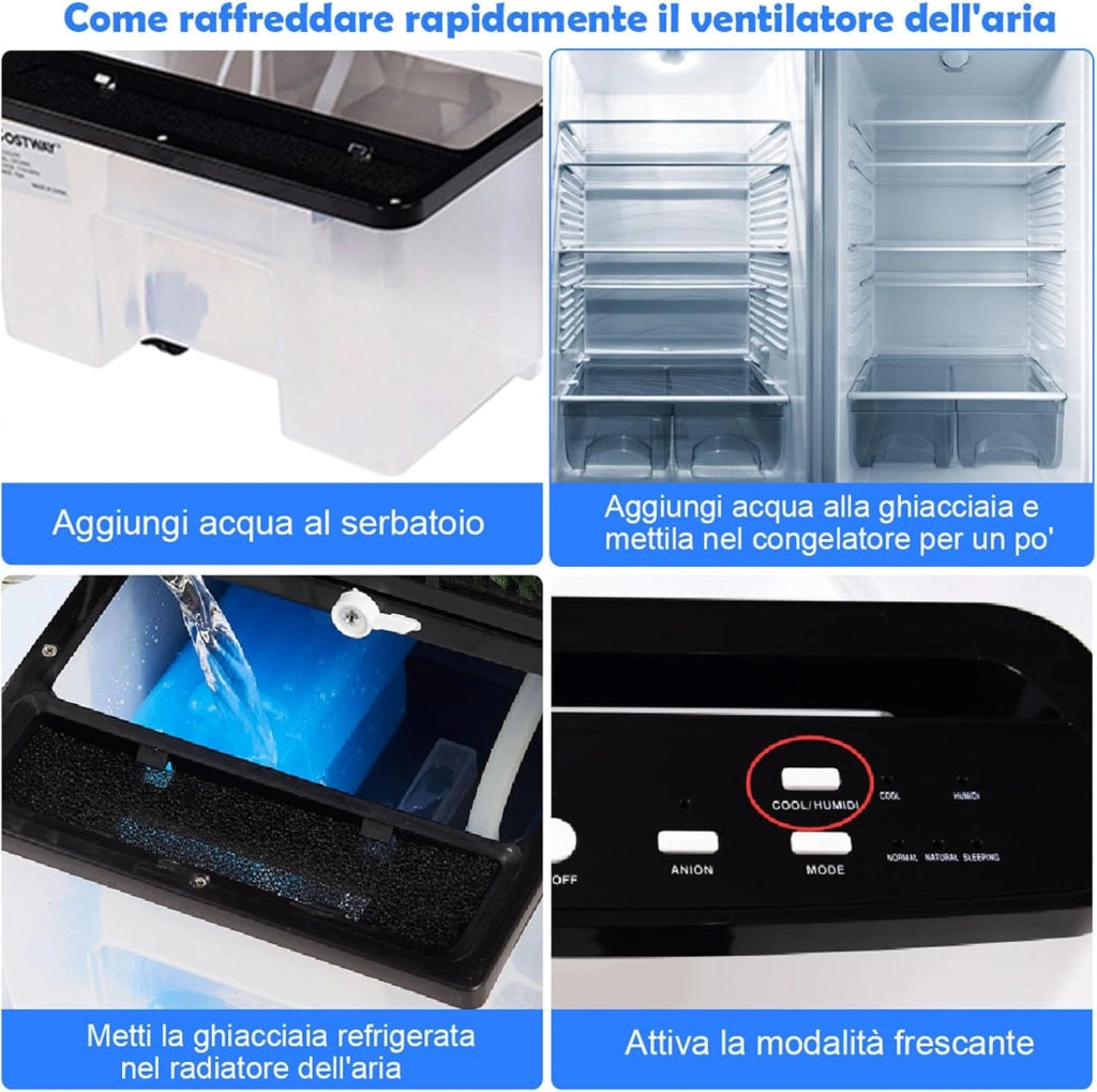 Condizionatore Portatile, Raffreddatore d’aria con Serbatoio Acqua 8L, 3 Modalità, 3 Velocità, Telecomando e Ruote, 7,5H Timer, per Casa, Ufficio