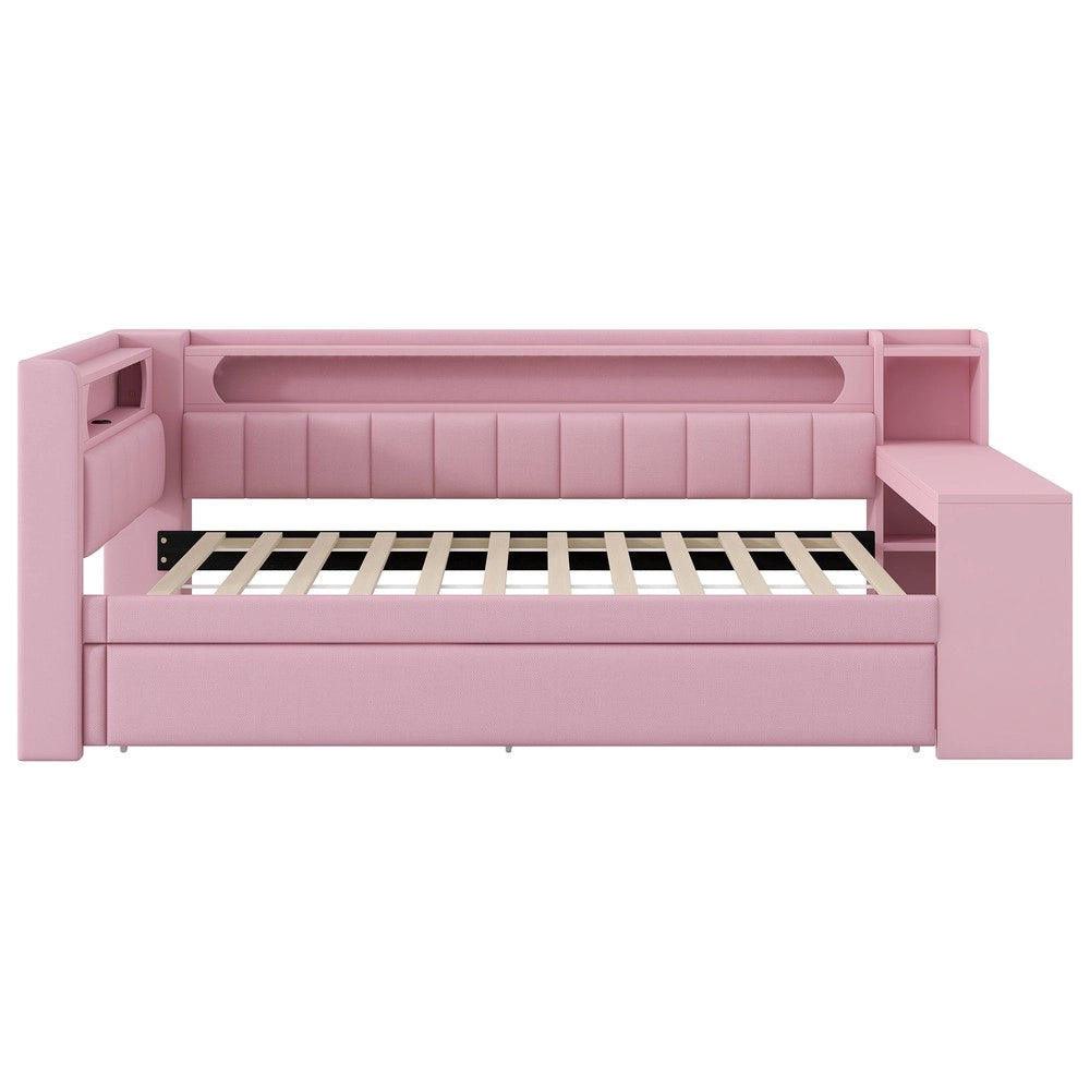 Letto a Soppalco Imbottito con Scrivania e Letto Estraibile, LED e USB ¨C MINIMAL ¨C Rosa 90x200