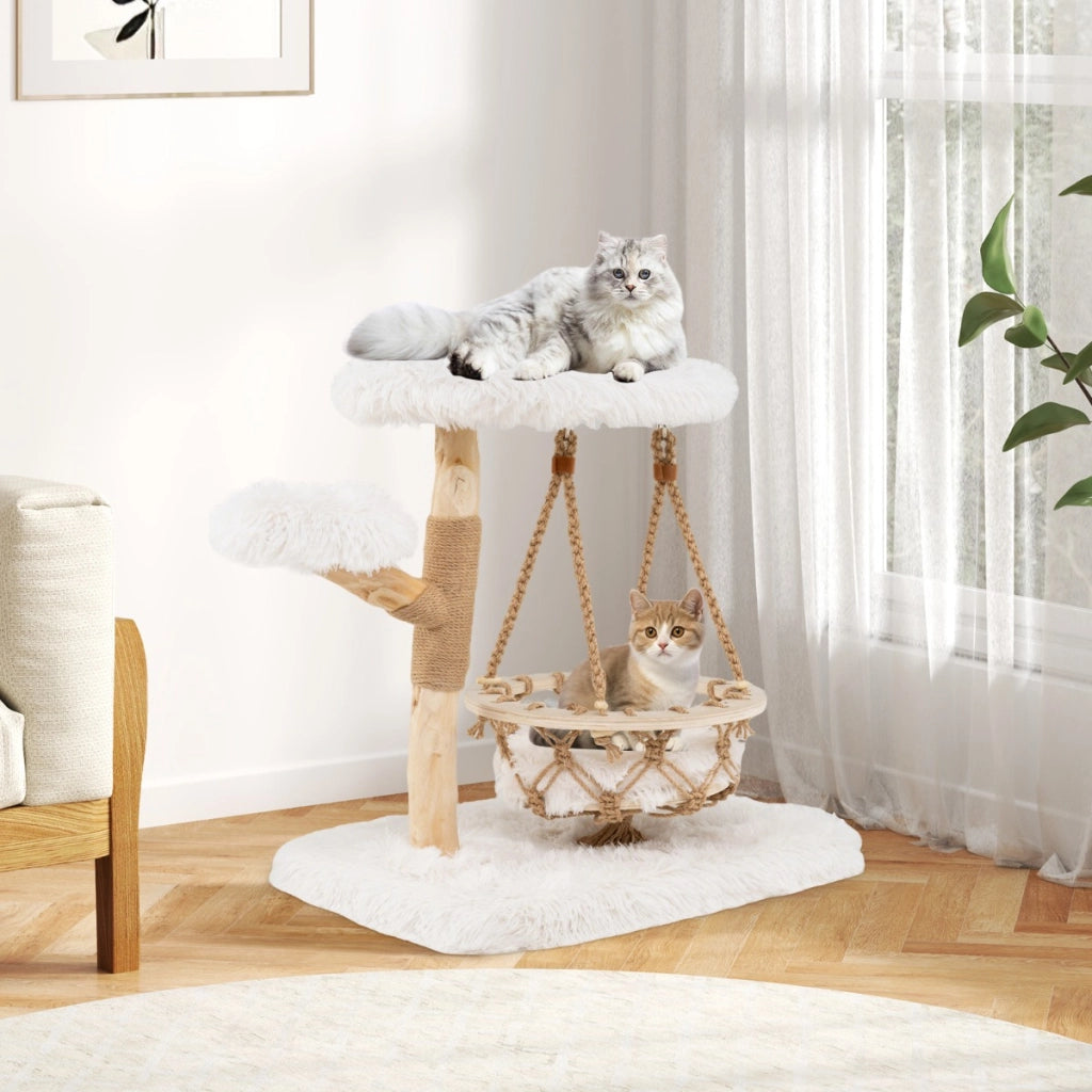 Torre per gattini moderna con dondolo appeso tiragraffi piattaforme imbottite, Albero per gatti in legno carino Bianco-Alberi Tiragraffi