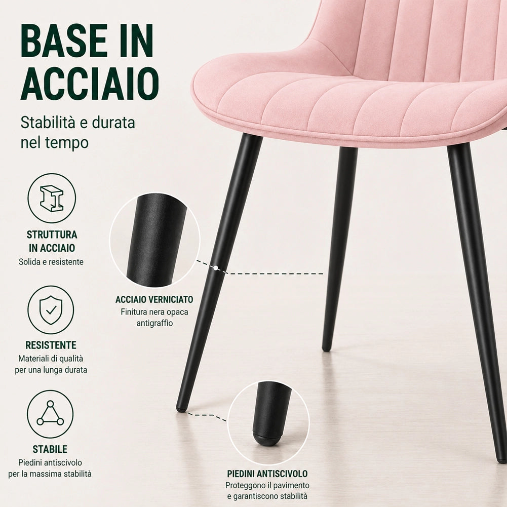 Set 4 Sedie da Pranzo Rosa in Velluto Seduta Ergonomica e Struttura in Acciaio