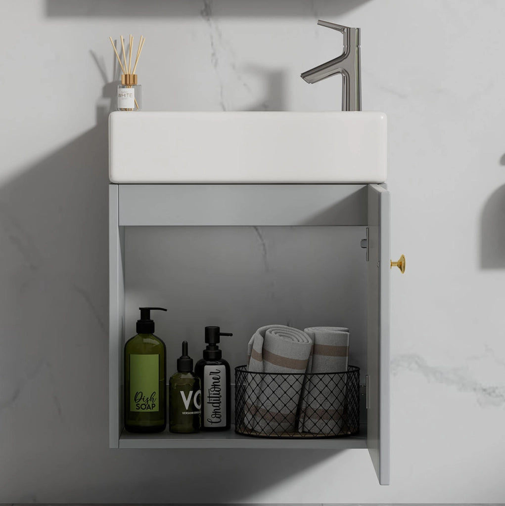Mobile da bagno con lavabo in ceramica; MDF grigio e bianco