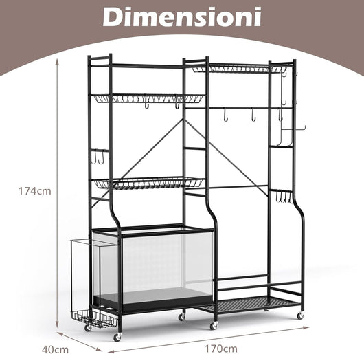 Scaffale Porta Palline, Organizzatore Attrezzature Sportive con Supporto per Tappetini Yoga, Cesto per Palloni, 5 Ripiani Regolabili, Gancio di Stoccaggio Laterale e 13 Ganci Rimovibili