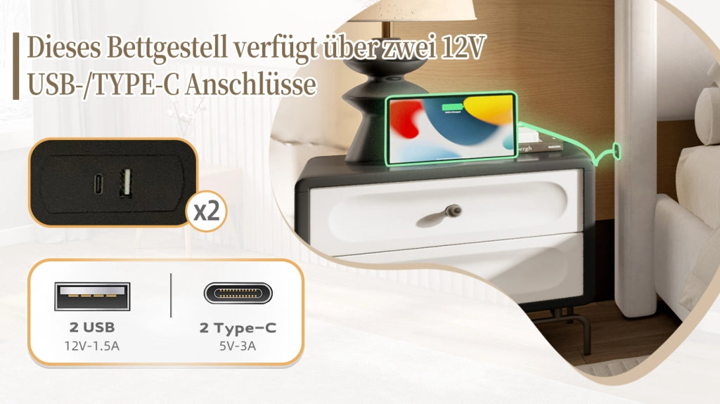 DESMIU Letto adulto 140 × 200 cm 2 posti con USB e testiera alta, senza materasso, in velluto, beige
