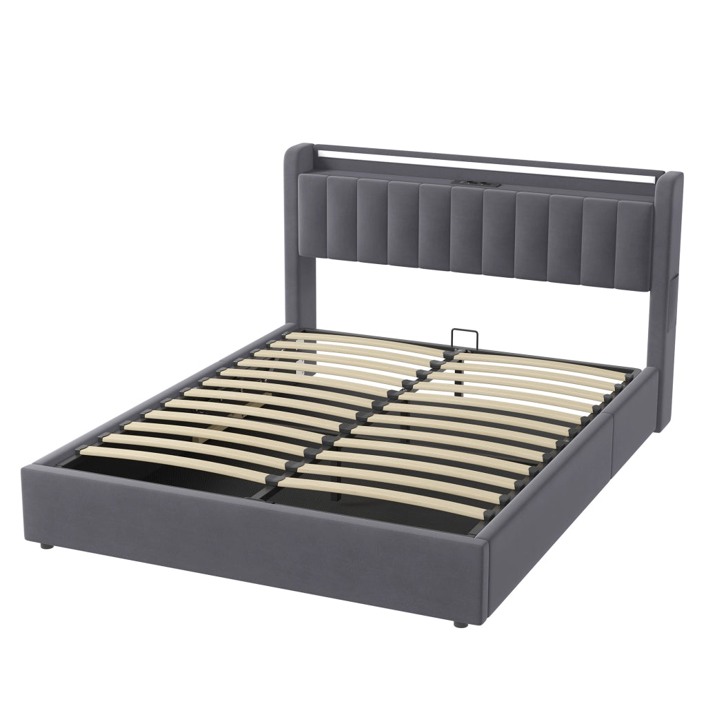 LETTO Imbottito 160 x 200 cm Grigio Scuro con Contenitore, USB e LED