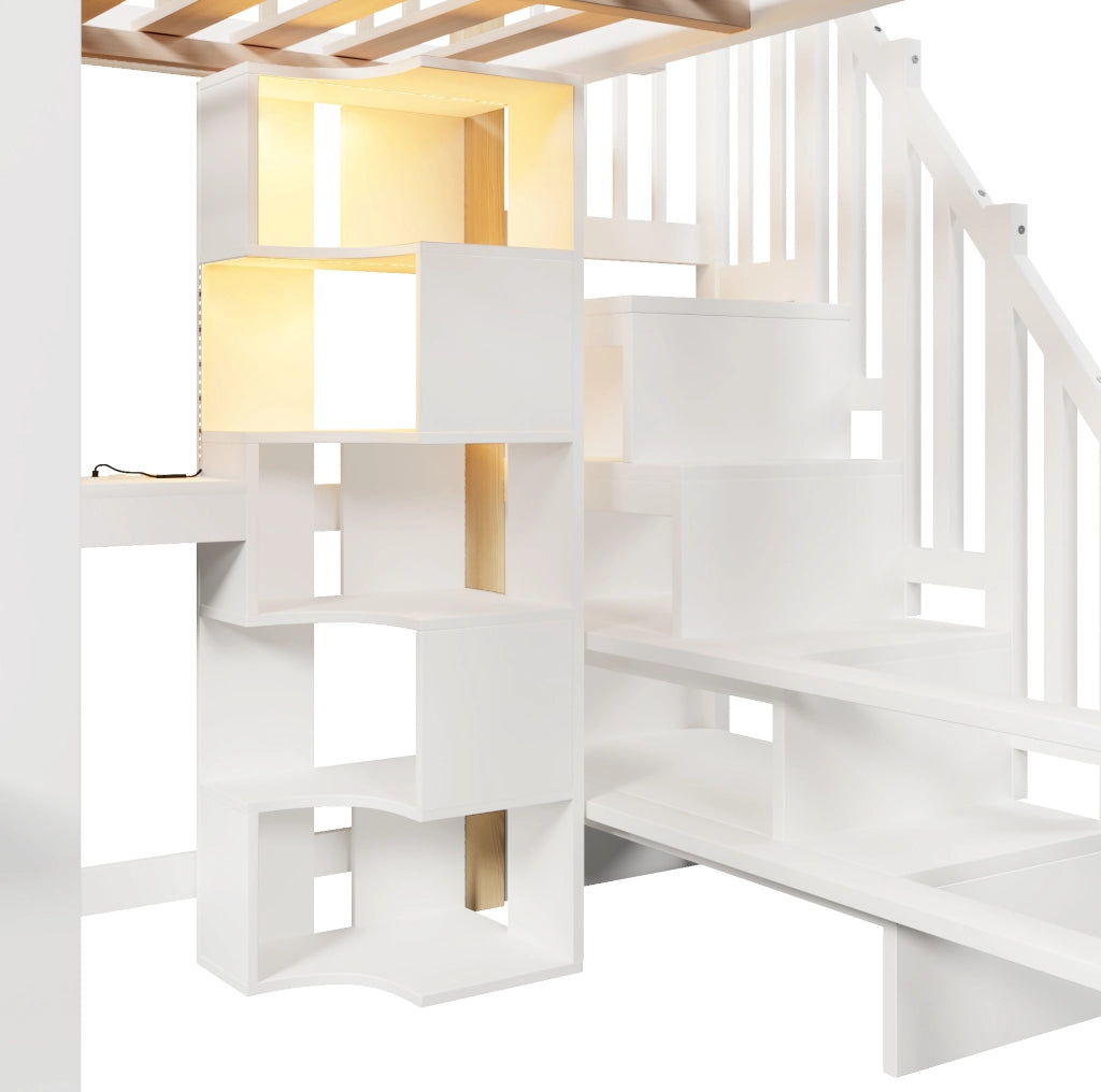Letto a soppalco 140x200 cm con scrivania, contenitore e luci LED