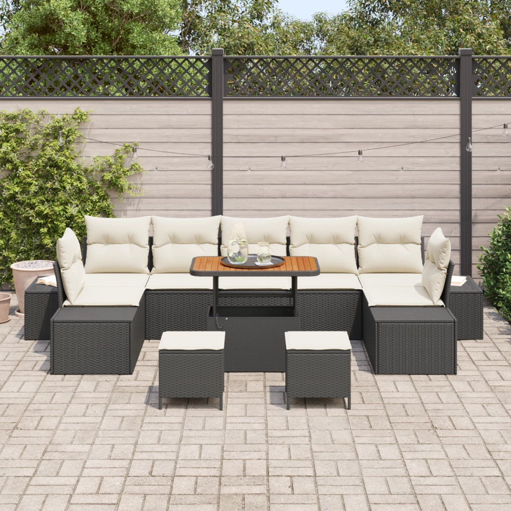 Set Divani Giardino 10 Pezzi con Cuscini Nero Polyrattan Acacia