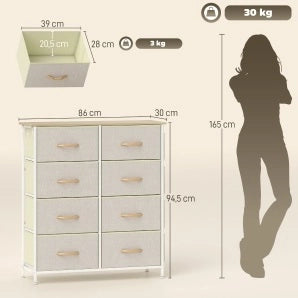 Cassettiera 86x30x94.5 cm con 8 cassetti in tessuto e struttura in acciaio beige