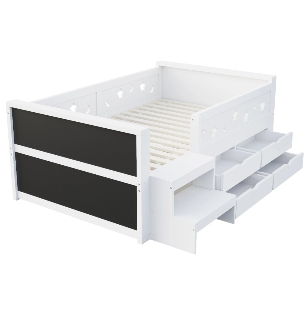 Letto singolo per bambini 90x200 cm con cassetti, lavagna, gradino e LED