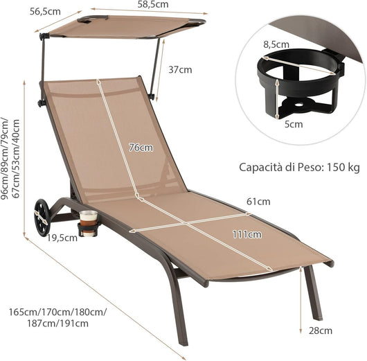 Lettino Prendisole da Giardino, Sdraio Reclinabile con Ruote Tettuccio Parasole Girevole Portabicchieri a Scomparsa e Schienale Regolabile in 6 Posizioni da Giardino Piscina (marrone)