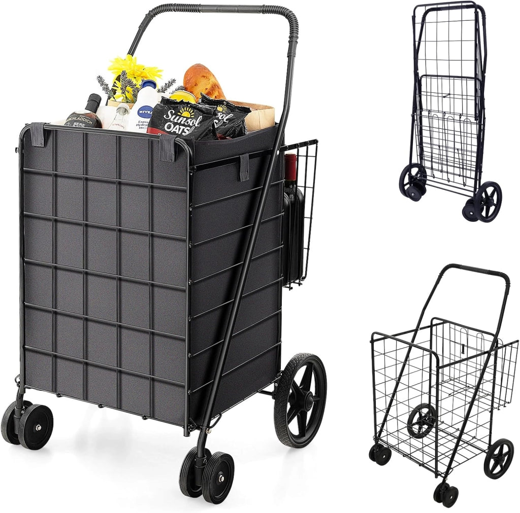 Carrello Portaspesa Pieghevole, Carrello Spesa con Ruote Girevoli a 360° e Borsa Impermeabile Removibile, Capacità di Carico 40 kg, 102L, 61 x 60 x 102 cm