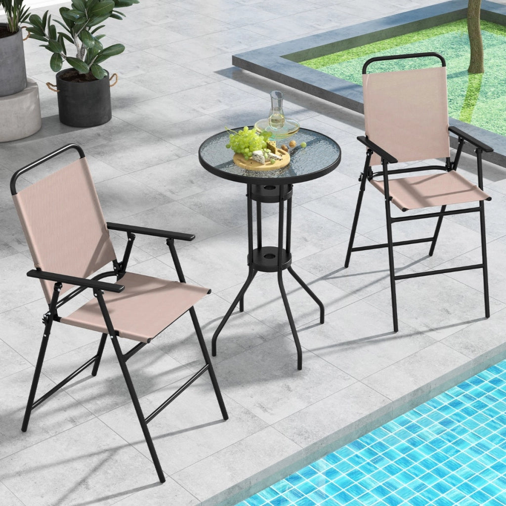Set bistrot da esterno 3 pezzi, Tavolo bar con 2 sedie pieghevoli piano in vetro temperato foro per ombrellone Beige-Set mobili da esterno