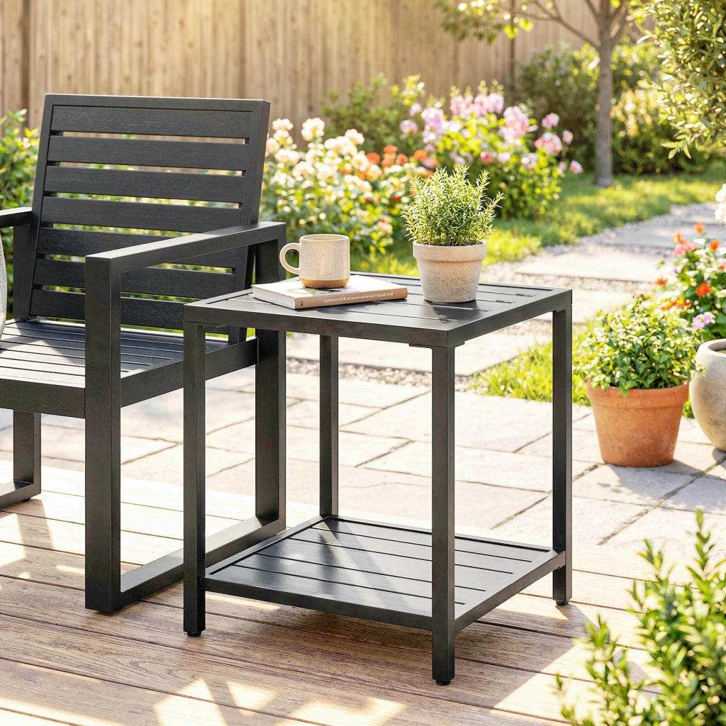 Tavolino da giardino a 2 livelli in metallo ¨C Zephmum ¨C 45x45x54 cm, nero