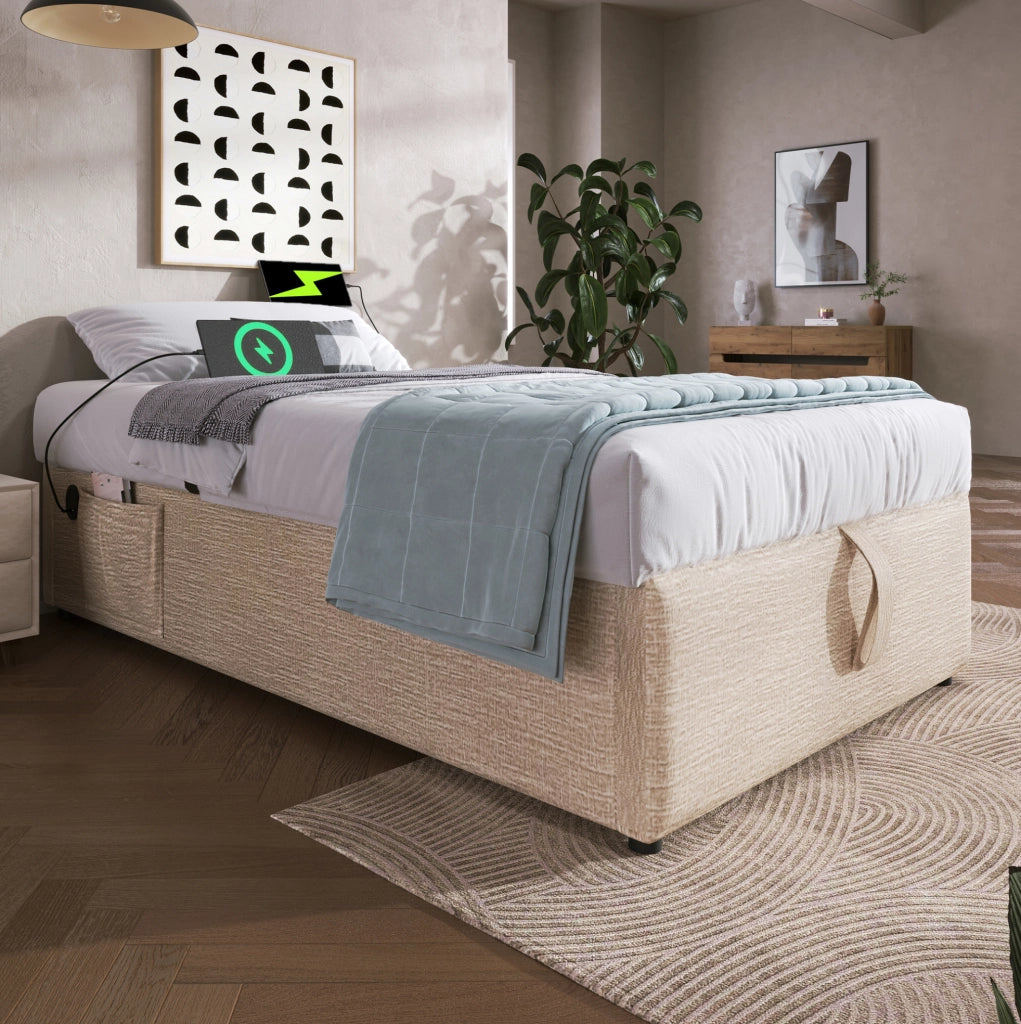Letto imbottito con contenitore 90x200 cm in lino naturale; struttura con USB e Type-C