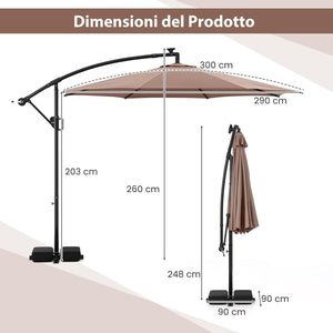 Ombrellone da Giardino 290 cm, con 96 Luci LED, Ombrellone Esterno con Base, Inclinazione Regolabile, Rotazione a 360°, Manovella, Parasole da Giardino (Marrone)