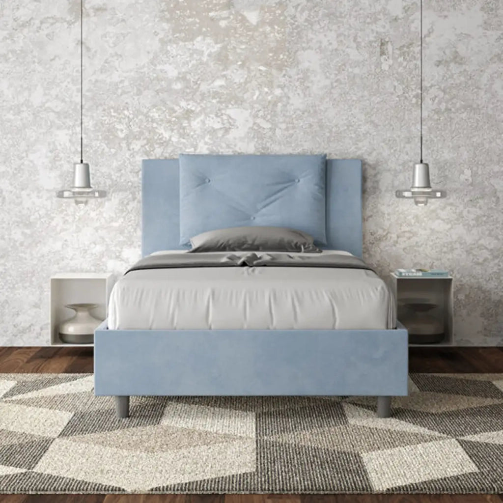 Letto una piazza e mezza senza rete imbottito 120x200 microfibra azzurro Appia