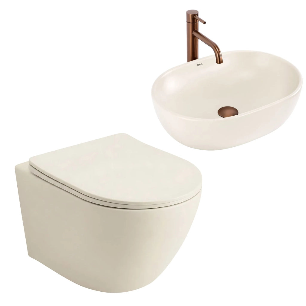 Set Wc Sospeso Focus + Lavabo Da Appoggio Rea Focus Creme