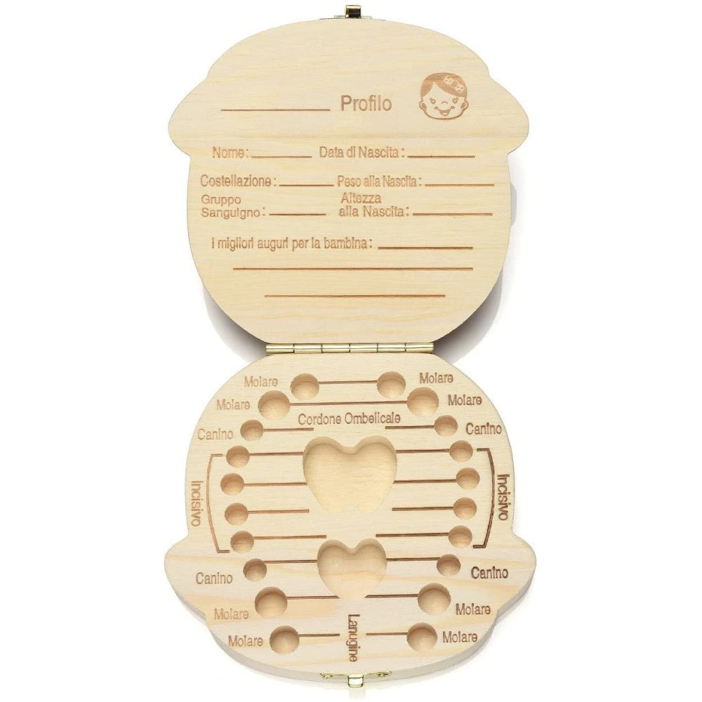 Trade Shop - Porta Dentini Scatola In Legno Per Bambina Femminuccia Cofanetto Ricordi Neonato -