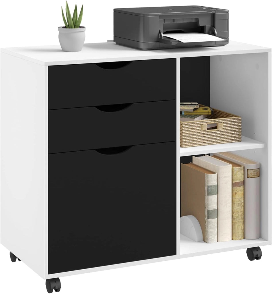 Schedario Mobilet con 3 Cassetti e 2 Ripiani Aperti, Cassettiera con 5 Ruote e Binario per Appendere, Armadio Ufficio per Cartelle e Documenti a4, 80x39,5x69,5 cm, Bianco