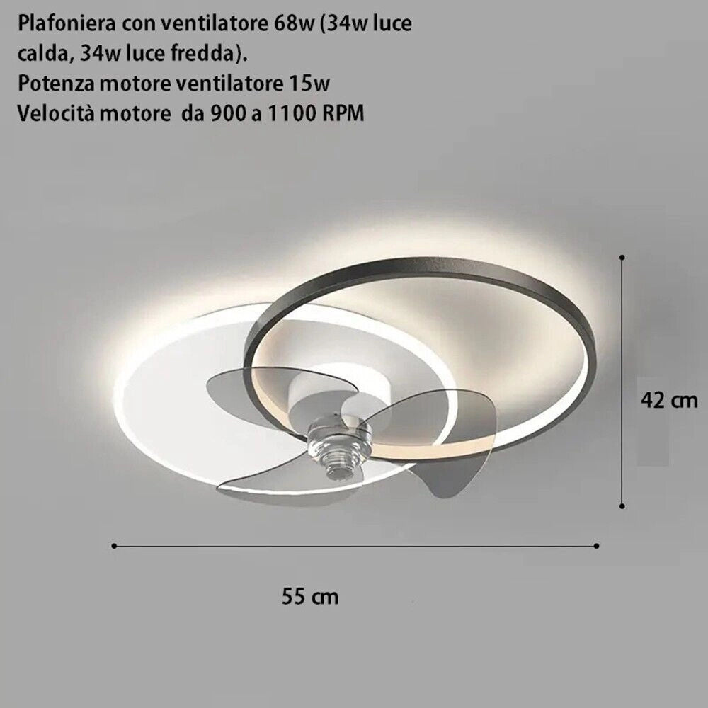 Plafoniera moderna a led con ventilatore da soffitto cambia 3 luci e velocità telecomando dimmerabile