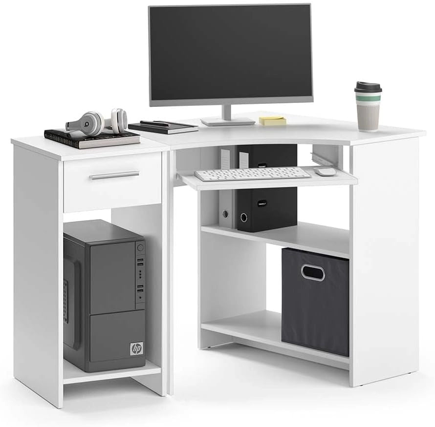 Scrivania angolare Odin, Bianco, 83 x 76 cm Set con armadio PC, con ripiano estraibile per tastiera e vano aperto per dispositivi