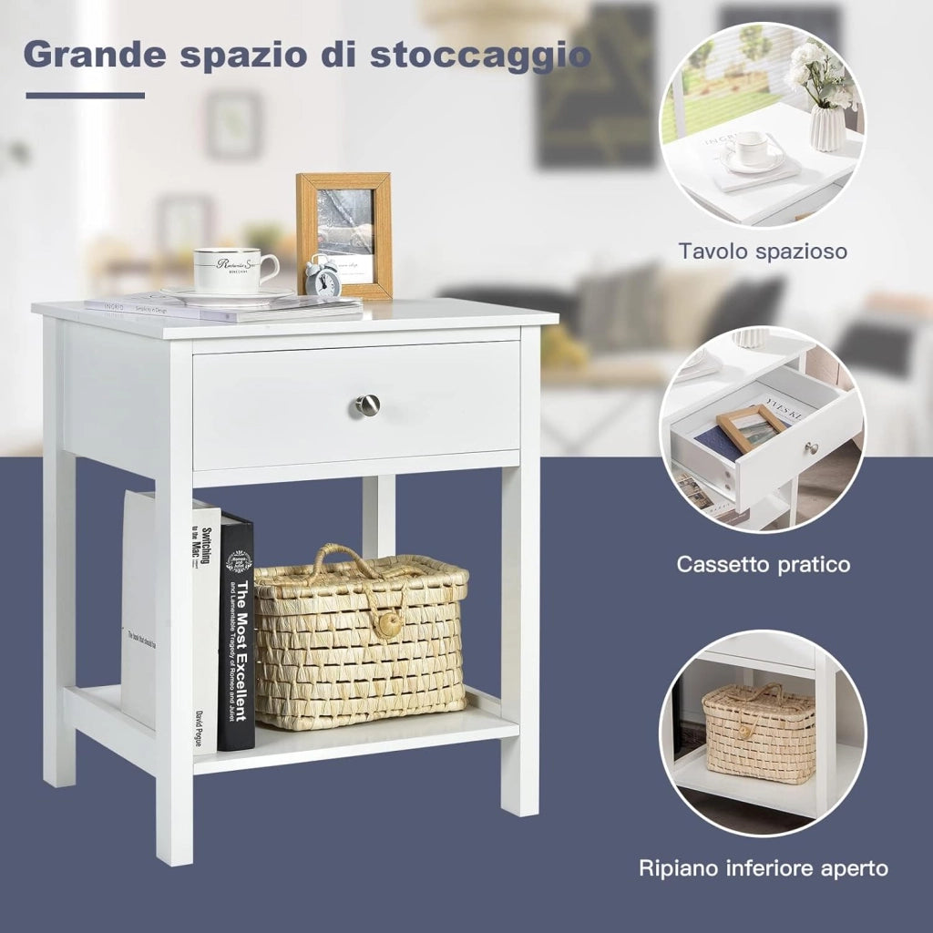 Comodino con Cassetto, Tavolino in Legno con 2 Livelli, Cassettiera da Letto Multifunzionale per Salone Camera da Letto Corridoio, 48 x 40 x 58 cm (Bianco, 2 Pezzi)