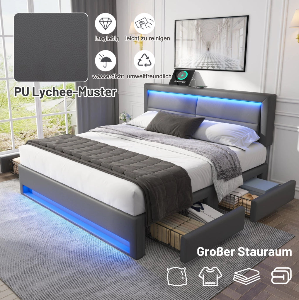 Letto imbottito 140 x 190 cm grigio con USB, LED e 4 cassetti