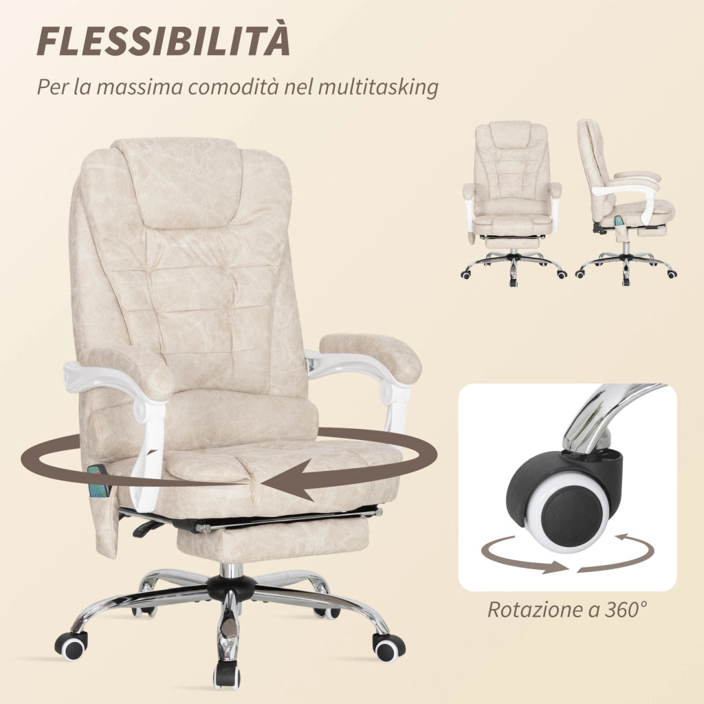 Sedia da Ufficio Massaggiante con Telecomando e Altezza Regolabile in Tessuto Effetto Pelle Traspirante Crema