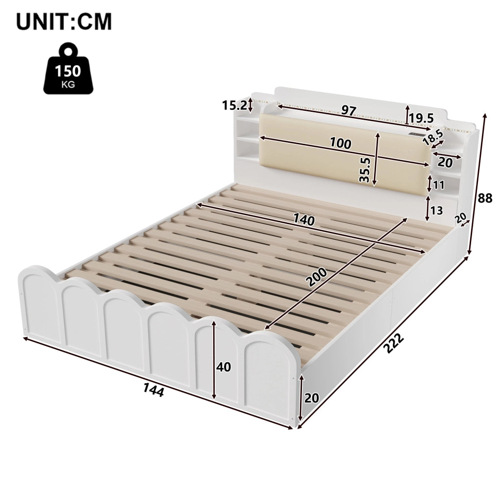 Letto a una piazza e mezza 140x200 cm con contenitore idraulico; LED e porte USB; bianco