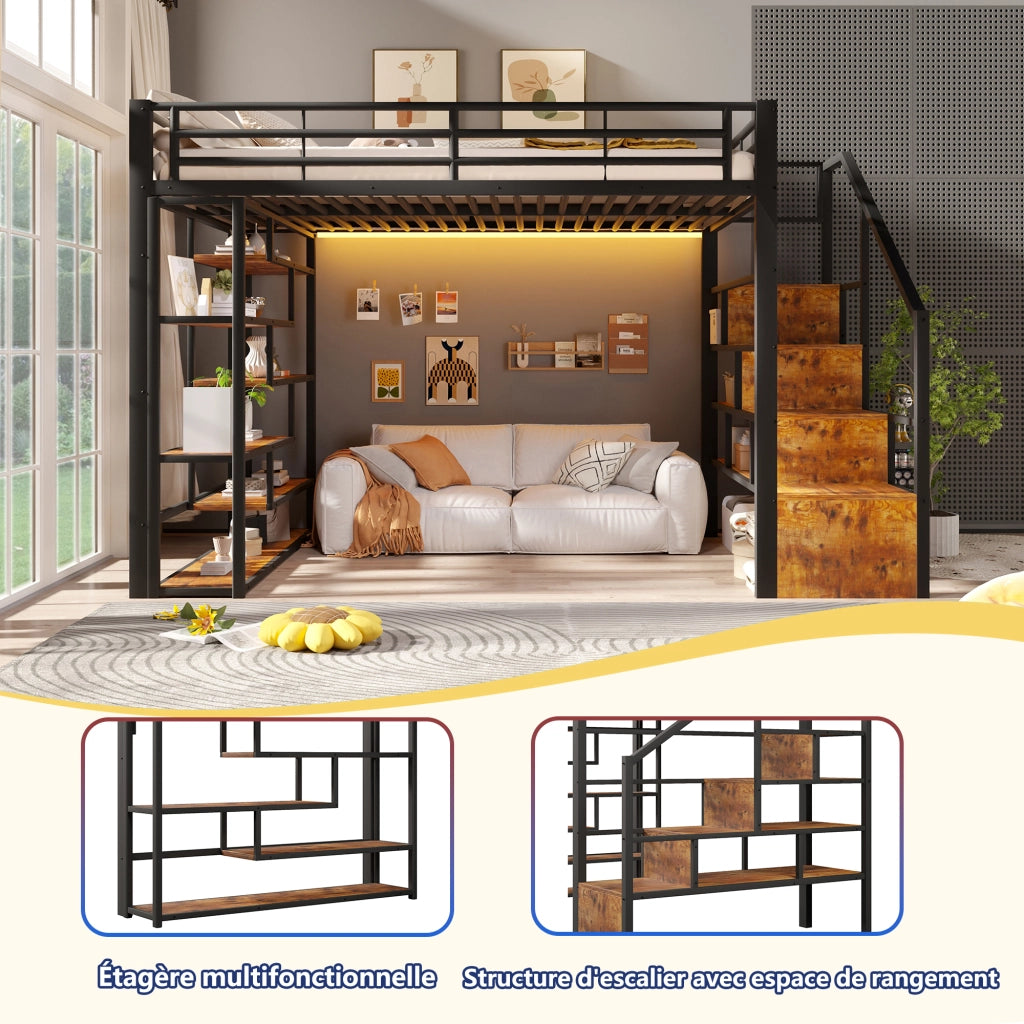 Letto a soppalco 140x200 cm con spazio libero sottostante; LED; ripiano; gradini integrati e parapetto; metallo nero