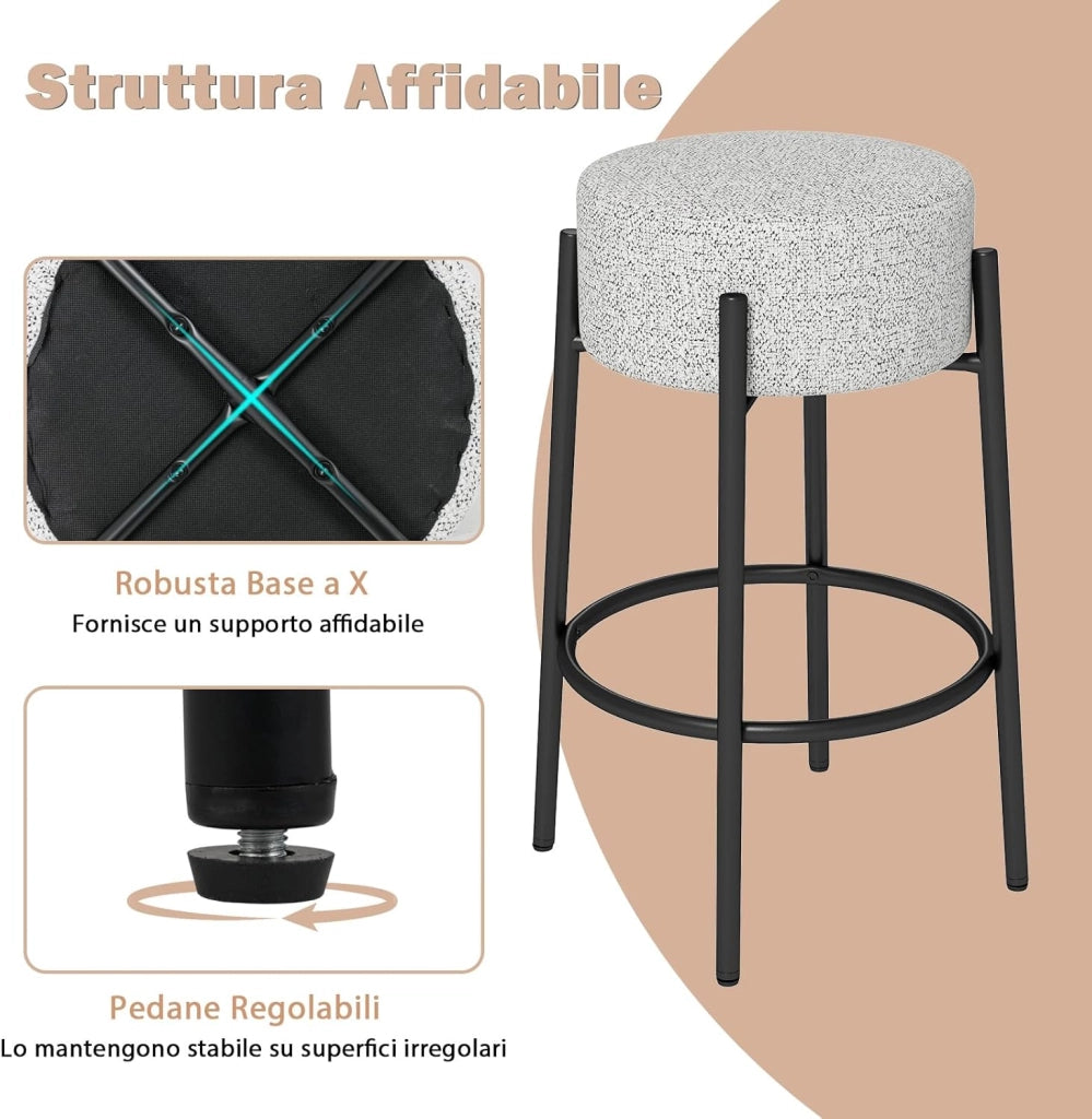 COSTWA Sgabello da Bar 48 x 48 x 68 cm, Sedia da Pranzo con Seduta Imbottita e Base in Metallo, Sgabello Imbottito inTessuto di Lino per Isola della Cucina e Sala da Pranzo, Grigio