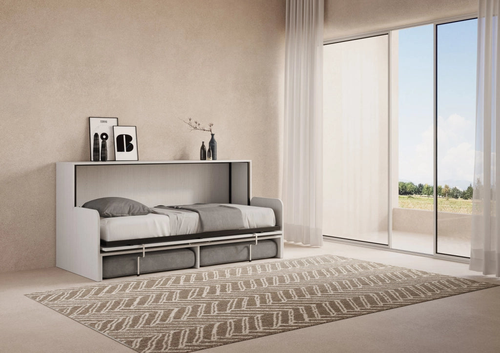 Letto Singolo A Scomparsa Kando Con Divano Bianco Frassino e Grigio