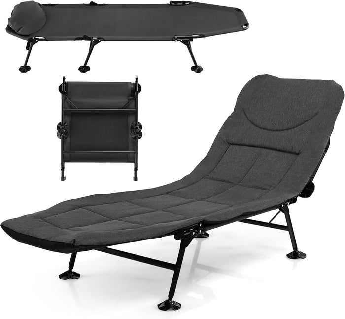 Brandina da Campeggio Pieghevole con Materasso Rimovibile, Poggiatesta, Schienale Regolabile in 6 Posizioni e Copripiedi Girevole a 360°, per Campeggio, Ufficio e Ospiti (Grigio)