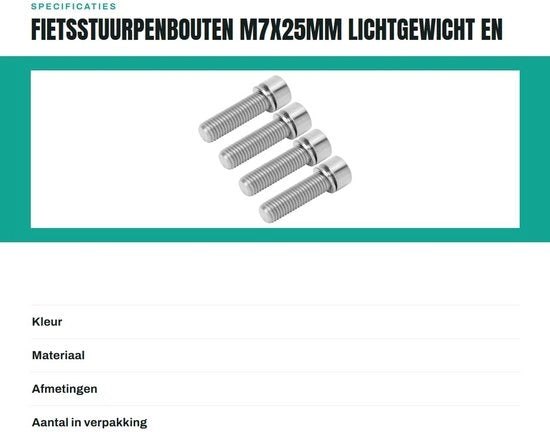 Set di viti per bicicletta M7x25mm - Leggero - Portatile - 4 pezzi - Solido - Duraturo - Viti per bicicletta