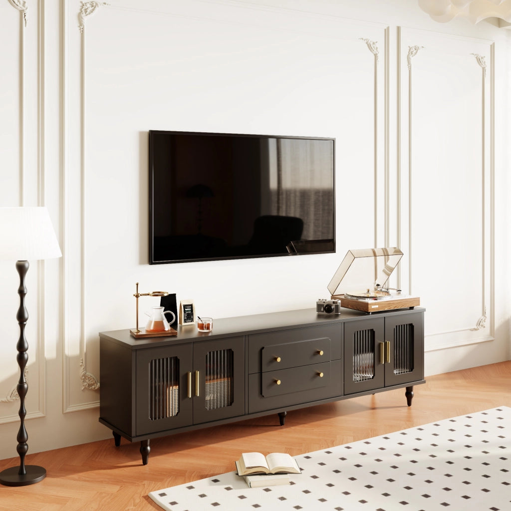 Mobile TV Basso Stile Retr¨° ¨C MINIMAL ¨C Legno Massello, Porta in Vetro, Nero