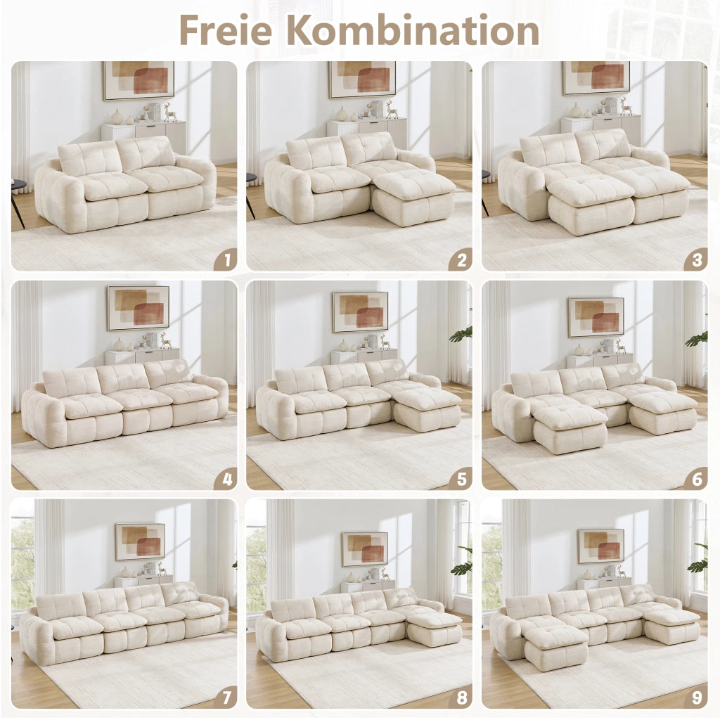 Divano modulare senza struttura con seduta ergonomica e montaggio libero con due pouf in chenille beige