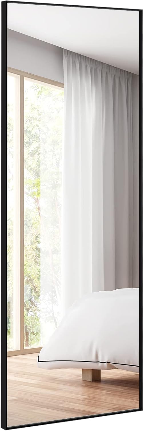 2 in 1 Specchio Lungo da Parete, Specchio a Figura Intera con Telaio Rettangolare in Alluminio e Vetro Antiesplosione, Specchio da Terra per Ingresso Bagno, 56 x150 cm (Nero)