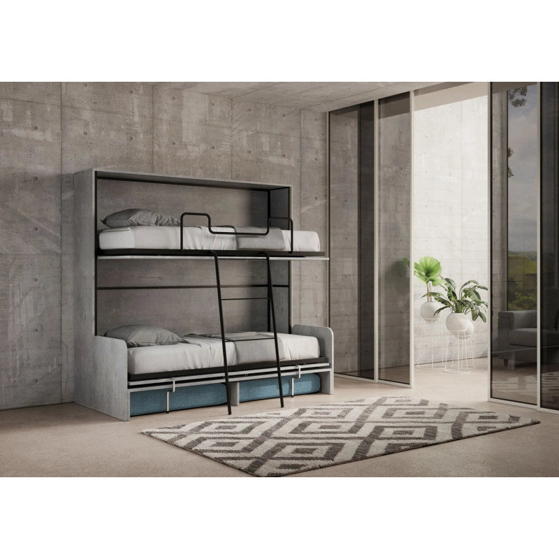 Letto doppio a scomparsa Kando con divano con materassi , azzurro - Cemento