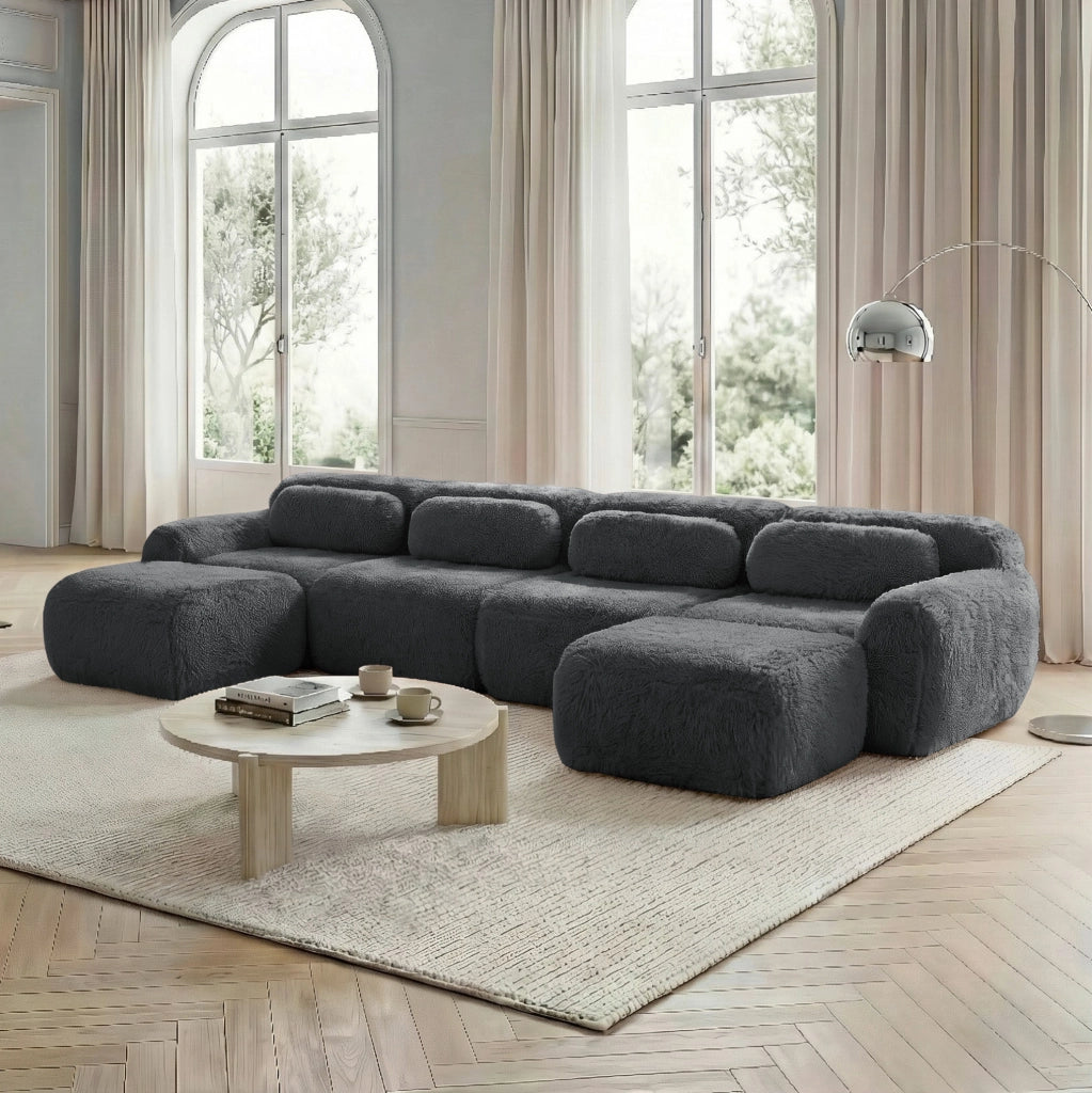 Divano modulare a U in tessuto plush grigio 378x179x73 cm; senza montaggio