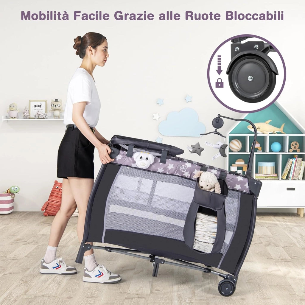 3 In 1 Lettino da Campeggio per Bambini, Lettino con Materasso Portatile per Neonati, Culla Pieghevole per Neonati con Fasciatoio, Carillon e Ruote con Freno, per Bambini 0-36 Mesi (Grigio)
