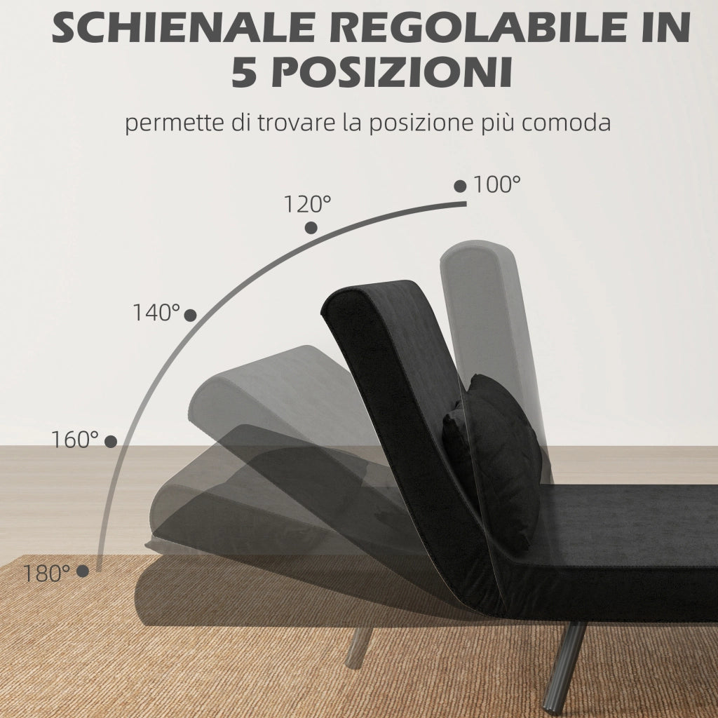 Divano Letto 3 Posti in Tessuto Velluto con Schienale Regolabile e Cuscini ¨C Zephmum ¨C Nero, 102x73x81 cm
