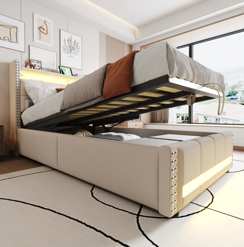 Letto imbottito 90x200 cm con LED; contenitore e porta USB in lino beige